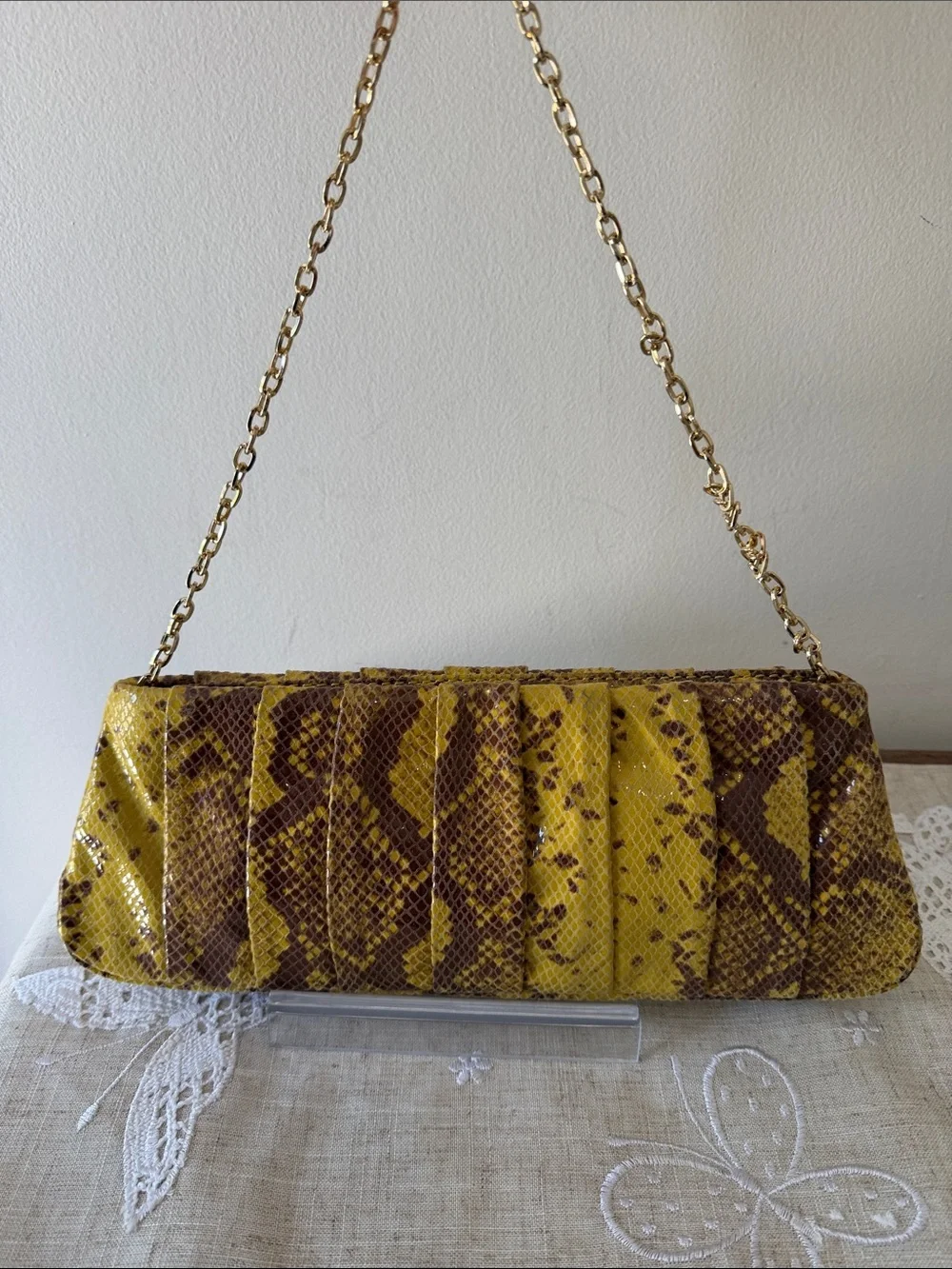 Antonio Melani Yellow/Brown Snakeskin Embossed Pleated Clutch/Shoulder Bag